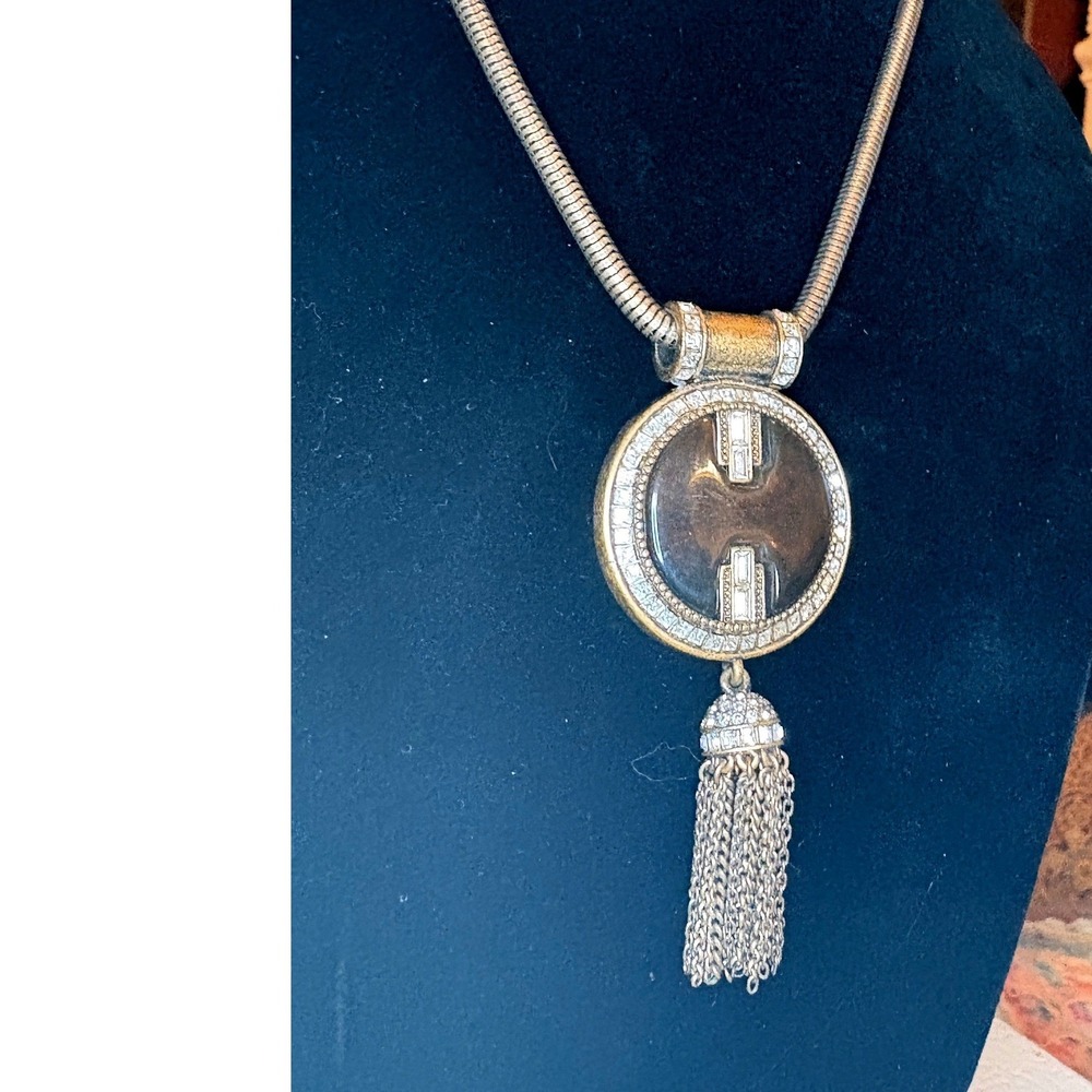 Vintage Tassel Statement‎ Pendant Necklace Rhinestone Snake Chain Gold Tone CZ